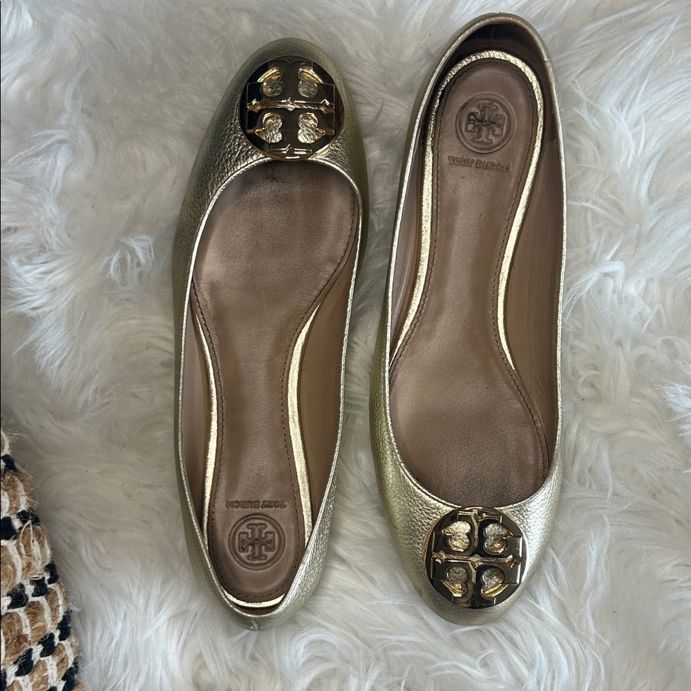 Tory Burch Metallic Gold Leather Logo Ballet Flats